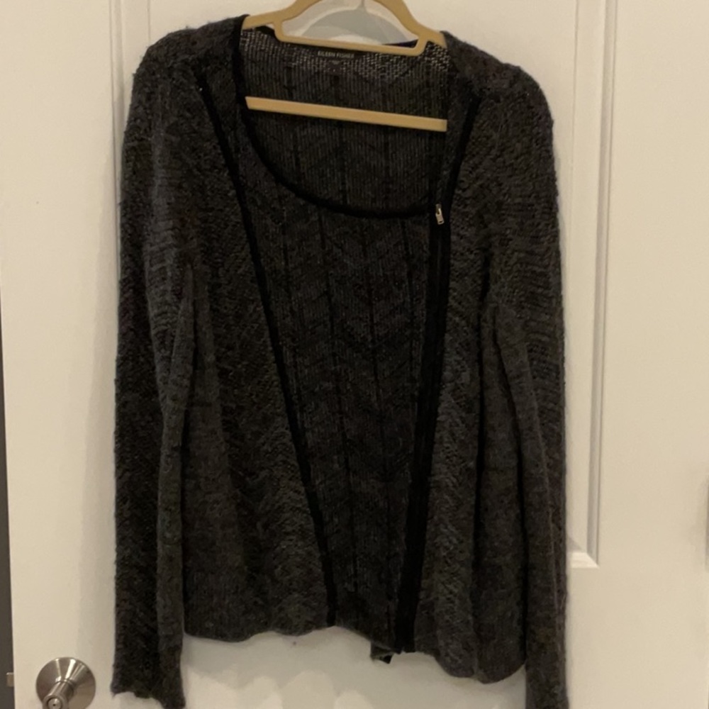 Eileen Fisher Gray Cardigan Sweater Open Front Knit Large